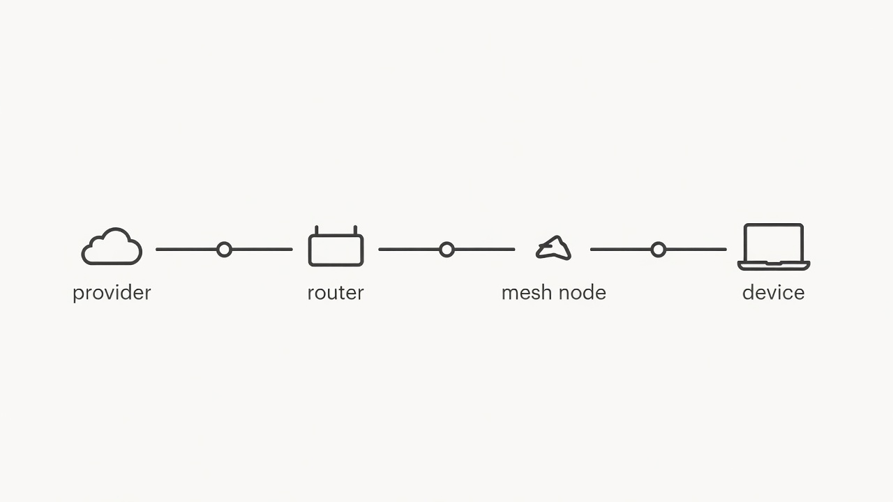 Flat vector diagram of a diagnostic path from the provider line to the router, a mesh node and a laptop, with numbered checkpoints at each link