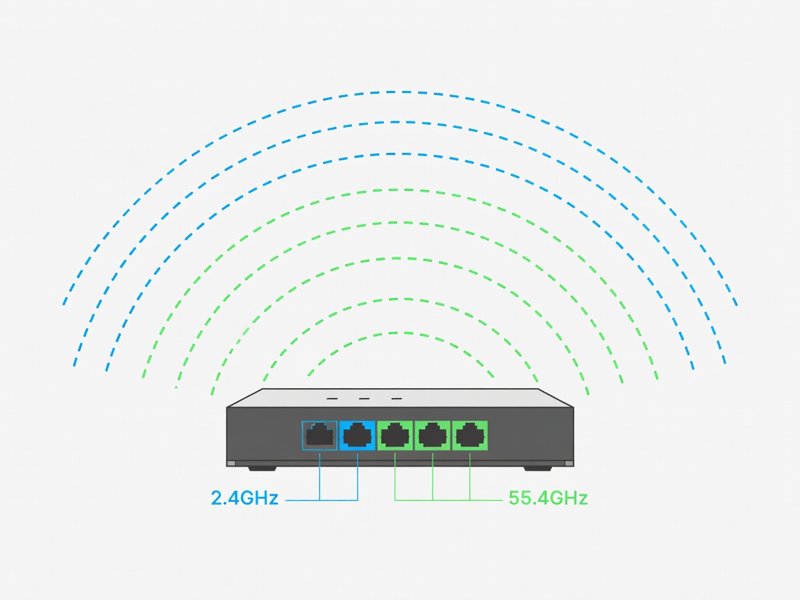 Flat vector router illustration with labelled 2.4 GHz and 5 GHz radio paths, an Ethernet WAN port and four LAN ports
